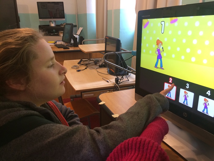 Rosie practicing touch target skills. Touching specific cells to count the numbers