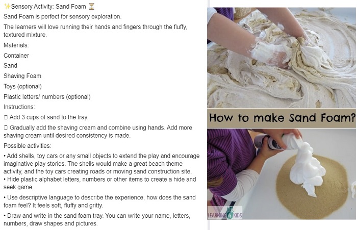 Instruction poster on how to make  Sensory Activity: Sand Foam